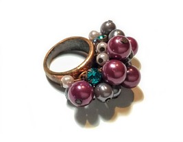 Copper Ring with Moving Faux Colored Pearls &amp; Rhinestones - £12.60 GBP