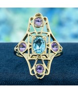 9K Gold Natural Blue Topaz and Pink Amethyst Vintage  Style Filigree Ring - $650.00