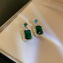 4Ct CZ Green Emerald Halo Dangle/Drop Earrings 14K Yellow Gold Plated 925 Silver - £95.91 GBP