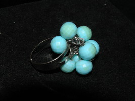 Estate Sky Blue Faceted Plastic Bead Cluster Dangle Ajustable Silvertone Ring – - £6.02 GBP