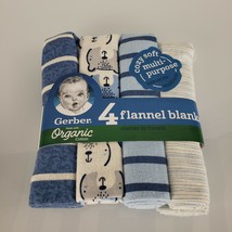 Gerber Baby Boy Blue White Stripe Teddy Bear Organic Cotton Flannel Blan... - £31.64 GBP