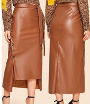 Vegan Leather Skirt Medium Chestnut Faux Buttons Tie High Waist Longer B... - £17.82 GBP