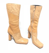 Versace Vintage 1990’s Ostrich &amp; Lizard Patchwork Tan Tall Leather Boots 37 7 - £539.46 GBP