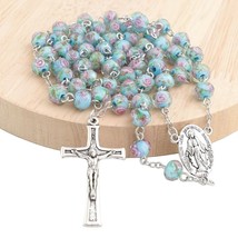 8mm Rosebud Flower Lampwork Glass Beads Handmade Rose Rosary with Mary Center - £12.68 GBP