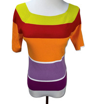 Vintage Designer Rech Sport Viscose Bright Color Striped Short Sleeve Sw... - £28.63 GBP