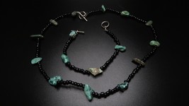 Vintage Southwestern Black Bead Turquoise Choker Necklace Bracelet Set - £15.82 GBP