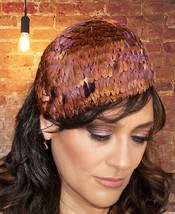 Vintage Pheasant feather hat One Size Skullcap Iridescent orange 1950s MCM - $39.20