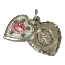 Vintage Sterling Silver Virgin Mary Enamel Rose Heart Charm Pendant - £100.57 GBP