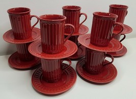 10 Coffee Cups with 10 Saucer / Dessert Plate Red Stoneware Ripple Desig... - $18.06 CAD