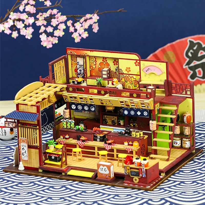 Play New Miniature Wood Doll House With Furniture Sushi Shop Diy Dollhouse Kit J - £50.17 GBP