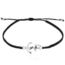 Nautical Rope Anchor Sterling Silver Charm on Black Adjustable Bracelet - £13.09 GBP