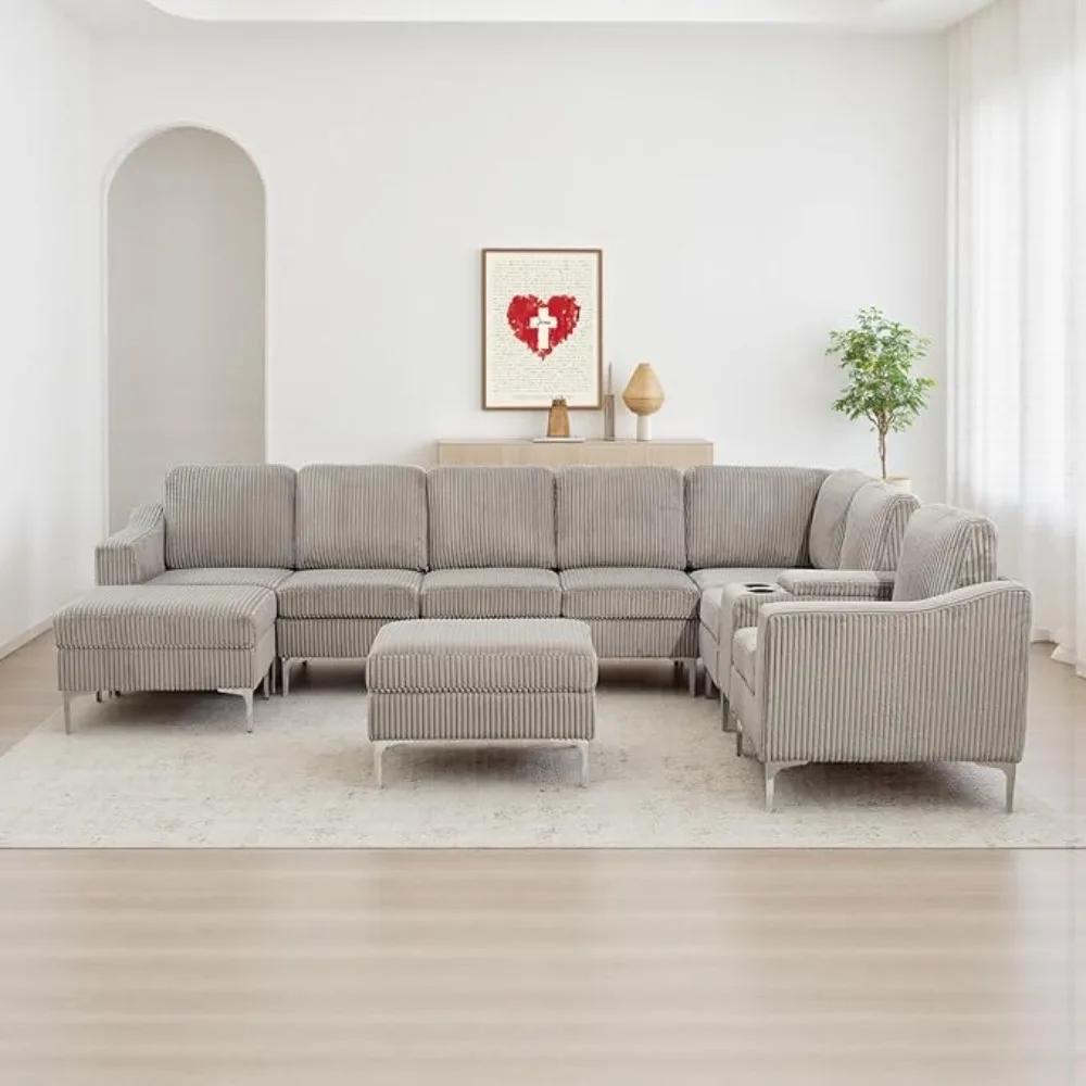 Modular Corduroy Sectional Sofa with Versatile Ottoman USB Charging Grey - $2,870.45 CAD