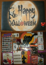 NEW Large Halloween Decor Lot 100 items w/ mat string lights, cups, sign... - $37.50
