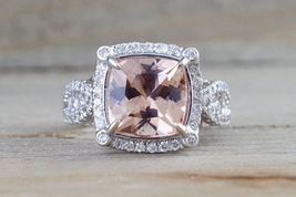 Cushion Cut Moraganite &amp; Sim Diamond Halo Wedding Ring 14K White Gold Finish - £59.96 GBP