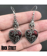 Gothic Victorian Valentine Heart Dangle Earrings Pair Red Blood Rose Heart Bat - $9.99