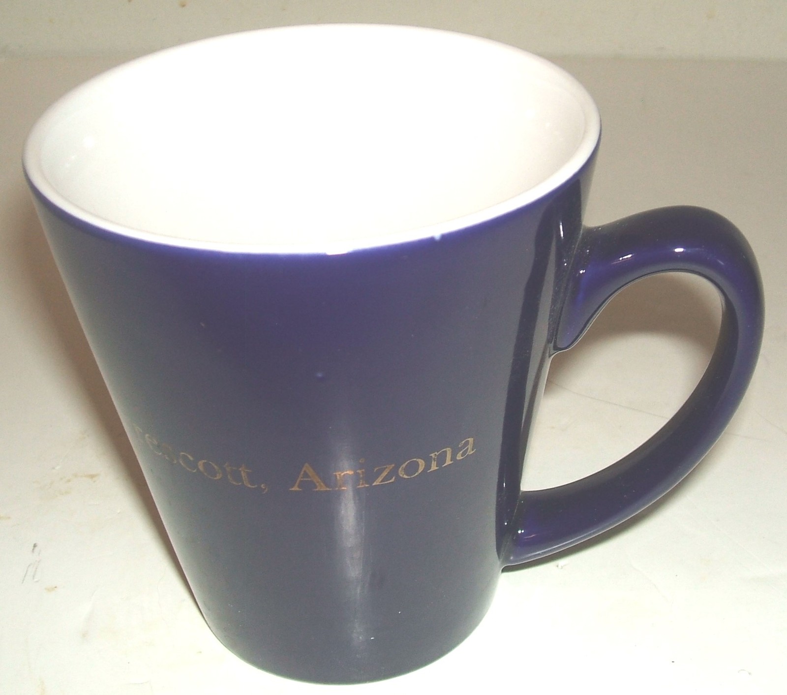 ceramic coffee mug: Prescott, Arizona dark blue conical gold lettering - $15.00