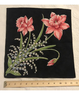 Vtg Pink Flowers Wht Blue Lily of the Valley Scarf 13&quot; Sq. Blk Hand Roll... - $40.18 CAD