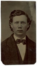 CIRCA 1860&#39;S 1/6 Plate Hand Tinted TINTYPE Incredibly Handsome Young Man Bow Tie - £14.57 GBP