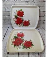 2 Vintage Christmas 60s Plastic Serving Tray Set Poinsettias  - £12.95 GBP