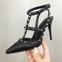 10cm Ladies High Heel  Leather Women&#39;s Rivet Wedding Shoes Black/Nude Classic V  - £56.28 GBP