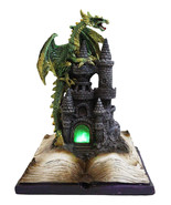Medieval Green Dragon Perching On LED Castle With Book of Spells Figurine - $61.55 CAD