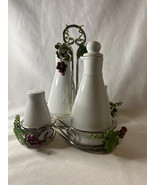 White Ceramic Oil & Vinegar Salt and Pepper Set Metal Caddy Grape Vine Accents - $488.90 MXN