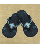 Montana West Flip Flops Child  Sandals Turquoise Cross Rhinestones Black... - £15.68 GBP