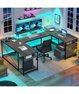 U Shaped Desk with Power Outlets &amp; LED Lights, Computer Desk with Drawers - $372.35 CAD