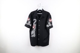 Vtg 90s Streetwear Mens Large Chinese Dragon Knit Collared Button Shirt Black - £45.91 GBP