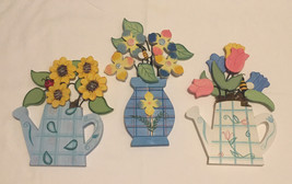 Set of 3 kitchen wall plaques teapot vase flowers 3 dimensional painted wood - £7.88 GBP