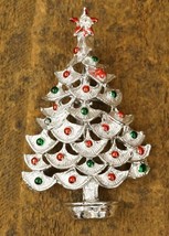 Vintage Costume Jewelry Silver Tone Enamel Christmas Tree Brooch Pin - £19.34 GBP