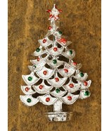 Vintage Costume Jewelry Silver Tone Enamel Christmas Tree Brooch Pin - £19.26 GBP