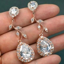 14K Rose Gold Finish Leaf Shape Drop Dangle Earrings 3.20Ct CZ Cut Round Diamond - £140.58 GBP