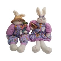 Plush Easter Rabbit Bunny Pair Boy Girl Purple Sunflower Straw Hat Spring Decor - £21.18 GBP