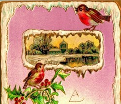 A Merry Christmas Robins Birds Icicle Edge Holly Gilt Embossed 1909 Vtg Postcard - £5.41 GBP