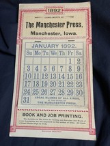 Vintage Advertising Calendar Manchester Press Iowa 1892 8.25”x4.75” - £11.10 GBP