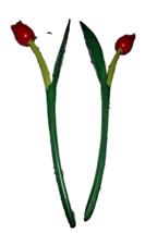 Vintage Set 2 Hand Carved Painted Wood Red Tulip Flowers 9&quot; Long - £13.41 GBP