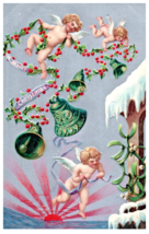 Postcard Embossed Merry Christmas Flying Cherubs In Hollie Ring Bells In Sunrise - £7.78 GBP