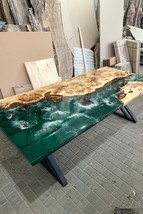 Solid Poplar Wood Dining Table with Green Epoxy Resin River Unique Live Edge, - $211.00+