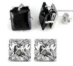 2 PAIRS PIERCED CLEAR+BLACK SQUARE Sparkling CZ STUD EARRINGS For Men Women - €7,14 EUR+