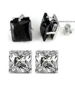 2 PAIRS PIERCED CLEAR+BLACK SQUARE Sparkling CZ STUD EARRINGS For Men Women - €7,15 EUR+