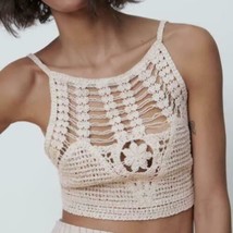 ZARA BNWT NEW. SAND CROCHET TOP ROUND NECK THIN STRAPS TIE DETAIL. 0858/034 - £36.07 GBP