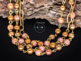 long boho necklace, matte gold and rose Czech glass, handmade in USA, ooak - £25.18 GBP