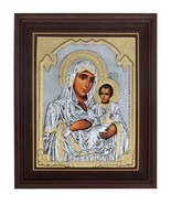 Virgin Mary of Jerusalem Icon with Glass &amp; Wooden Frame Cover Silver 925 - £91.63 GBP+