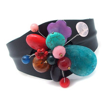Mix Stone Floral Cluster Leather Adjustable Cuff-Style 1 - £9.40 GBP