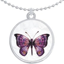 Purple Butterfly on Grey Round Pendant Necklace Beautiful Fashion Jewelry - £8.50 GBP