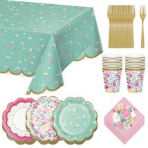 Floral Tea Party Supplies - Scalloped Paper Dessert Plates, Napkins, For... - £24.34 GBP