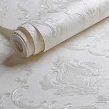 Decorative Floral Wallpaper Non-Woven Cream White Damask Textured Wall Paper - $49.94