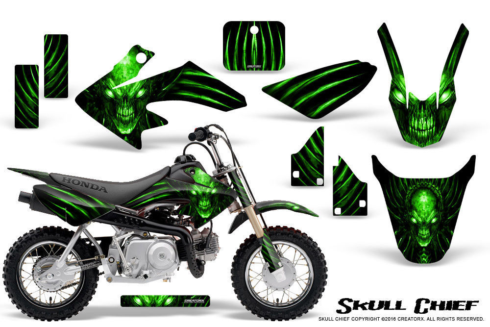 HONDA CRF 50 GRAPHICS KIT CREATORX DECALS STICKERS SKULL CHIEF GREEN - $108.90
