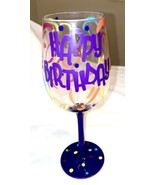 Happy Birthday Wine Glass Hand Painted Balloons Purple Main Color POLKA ... - $16.99